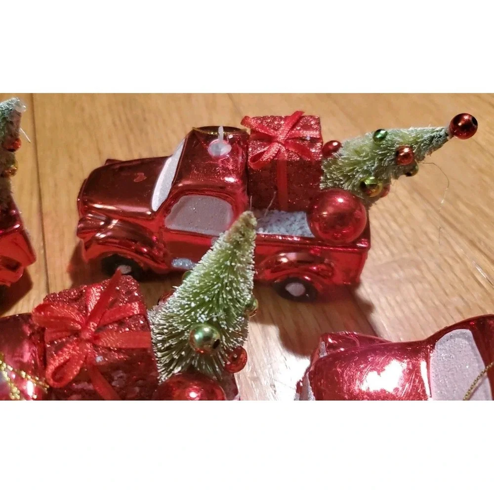 Retro Style Shiny Red Truck Christmas Ornaments Lot Of 5
